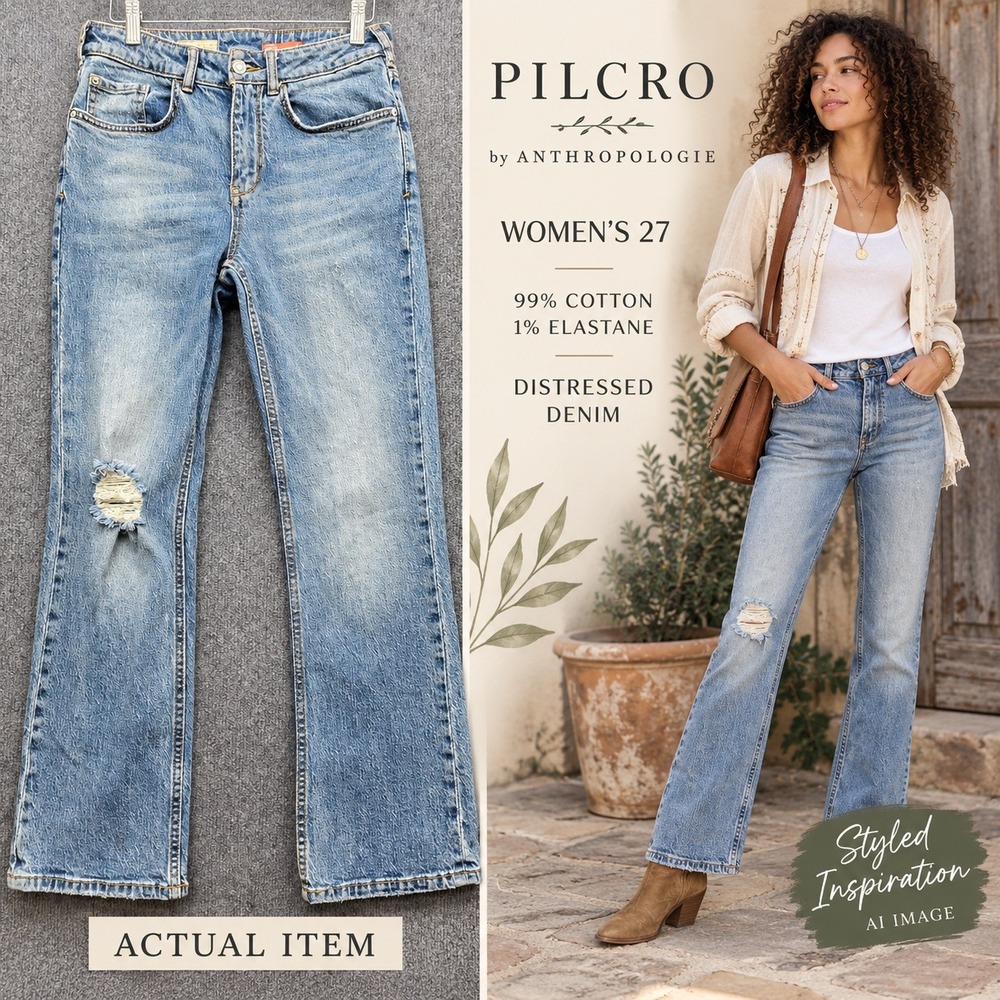 Pilcro Straight Leg Jeans Womens Distressed Ripped Knee Blue 27 Excellent Boho